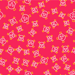 Line Bones and skull as a sign of toxicity warning icon isolated seamless pattern on red background. Vector