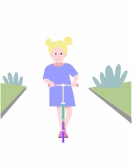 A little girl rides an electric scooter past the plants. Popular modern transport. Electric scooter for children. A fashionable pastime that is good for your health.