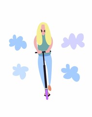 A woman calmly rides a scooter facing people. Popular modern transport. Electric scooter for the city. A fashionable pastime that is good for your health.