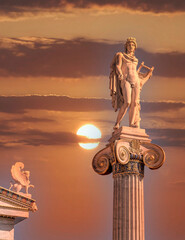 Apollo the ancient god of arts and sun on impressive sky, Athens Greece