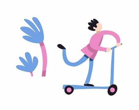 The guy desperately rushes on a scooter past the trees at high speed. Modern pastime. Sports activities that improve health. Appliances powered by electricity. Boy on one leg.
