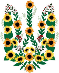 Ukrainian trident of flowers. Coat of arms with sunflowers on the white background. Vector illustration - obrazy, fototapety, plakaty