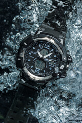 luxury male waterproof watch underwater on colorful background 