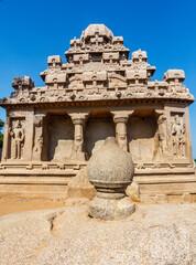 Exterior of the Dharmaraja Ratha, one of the Pancha Rathas (Five Rathas) of Mamallapuram, an Unesco World Heritage Site in Tamil Nadu, South India