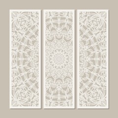 Three-part painting depicting a mandala. Decorative panels for decorating the interior of the office, home. Oriental round ornament, lace pattern. Stylish modern poster design. Calm gray, beige colors