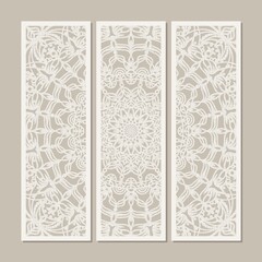 Three-part painting depicting a mandala. Decorative panels for decorating the interior of the office, home. Oriental round ornament, lace pattern. Stylish modern poster design. Calm gray, beige colors