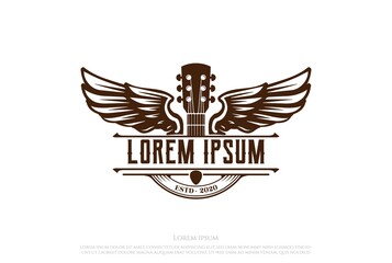 Vintage Retro Guitar Wing Wings Music Logo Design Vector