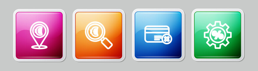 Set line Cash location, Magnifying glass and euro, Credit card remove and Gear with percent. Colorful square button. Vector