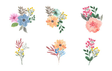 Elegant beautiful hand painted watercolor summer floral bouquet set