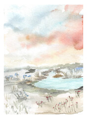 hand painting lake misk watercolor background
