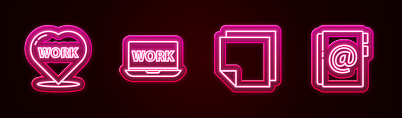Set line Heart with text work, Laptop, Post note stickers and Address book. Glowing neon icon. Vector