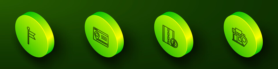 Set Isometric line Location marker, Infographic of city map navigation, Toll road traffic sign and with store icon. Vector