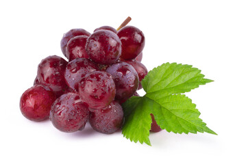 Bunch of ripe sweet red grapes in water drops Isolated on white background. Fresh berry fruits.