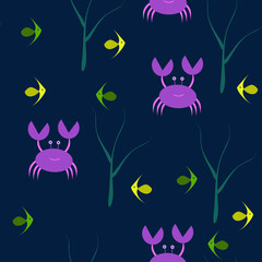 Abstract seamless pattern. Pink crab, yellow and green fish and green algae on a dark blue background. Marine motive. Cartoon inhabitants of the sea. For wallpapers, backgrounds and textiles.