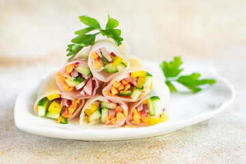 spring roll Nem vegetable rice paper dish on the table healthy meal snack copy space food background rustic. top view