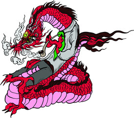 Cartoon dragon is smoking.Hand drawn Japanese dragon tatoo and isolate on white. Funny red snake