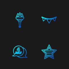 Set line USA Independence day, , Torch flame and Carnival garland with flags. Gradient color icons. Vector