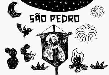Standard of Saint Peter in woodcut and Cordel style. For June and July parties. Bonfire and fireworks. - obrazy, fototapety, plakaty