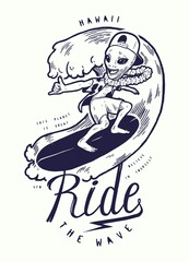 Ride the wave alien character showing shaka sign on a board wearing hawaii wreath and shirt. Funny teenage Surfer character vintage typography t-shirt print. Summer sports vector illustration