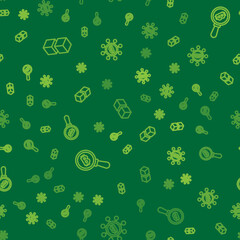 Set line Blockchain technology, Magnifying glass with Bitcoin and on seamless pattern. Vector