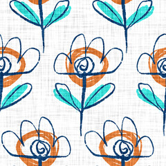 Fototapeta na wymiar Azure blue white floral linen texture. Seamless textile effect background. Weathered doodle flower dye pattern. Coastal cottage beach home decor. Modern sea life marine fashion repeat cotton cloth. 