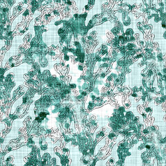 
Azure blue white seaweed linen texture. Seamless textile effect background. Weathered doodle kelp dye pattern. Coastal cottage beach home decor. Modern sea life marine fashion repeat cotton cloth.
