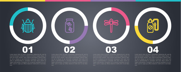 Set line Colorado beetle, Fireflies bugs in jar, Dragonfly and Pressure sprayer. Business infographic template. Vector