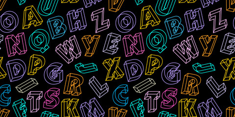 Fototapeta premium Alphabet. Colored letters seamless pattern. Ideal for fabric, print poster, wrapping paper and book cover design. 3d isometric alphabetic font. Black background