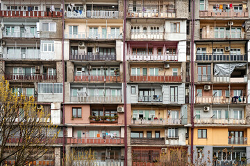 Household traditions in Georgia. Linen and clothes are dried outside on balconies and ropes between buildings