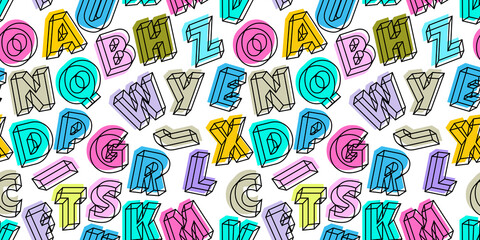 Alphabet. Colored letters seamless pattern. Ideal for fabric, print poster, wrapping paper and book cover design. 3d isometric alphabetic font. White background