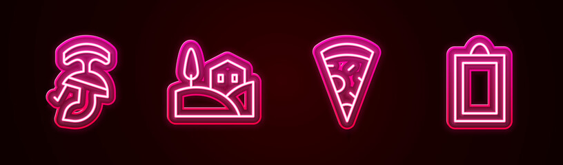 Set line Roman army helmet, Village landscape, Slice of pizza and Picture. Glowing neon icon. Vector