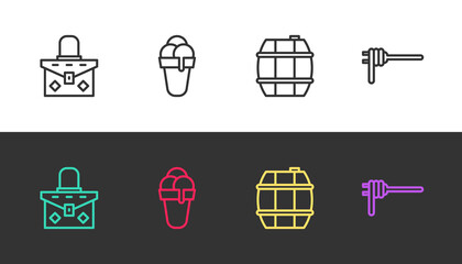 Set line Handbag, Ice cream, Barrel for wine and Pasta spaghetti on black and white. Vector