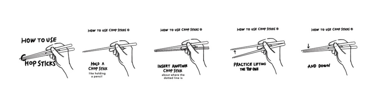Hand drawn illustration of infographics collection of how to use chopsticks in simple drawing 