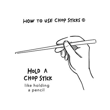 Hand drawn illustration of infographics of how to use chopsticks step 1 in simple drawing 