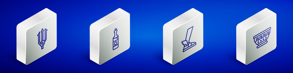 Set Isometric line Neptune Trident, Bottle of wine, Hermes sandal and Greek ancient bowl icon. Vector
