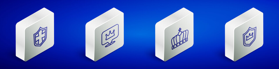 Set Isometric line Shield, Location king crown, King and with icon. Vector