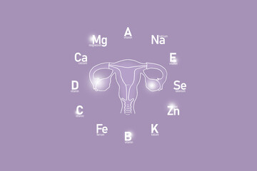 Stylized clockface with essential vitamins and microelements for human health, hand drawn human Uterus, lilac background. 
Detox of main organs and healthcare concept design mockup.