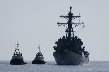 WARSHIP - Guided missile destroyer sails on the sea  