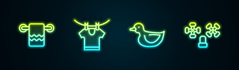 Set line Towel on a hanger, Drying clothes, Rubber duck and Water tap. Glowing neon icon. Vector