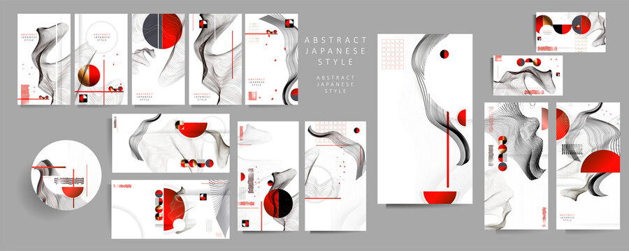 Poster design Japanese style templates set invitations to lines abstract background for book cover texture brochure. Stock vector illustration eps 10