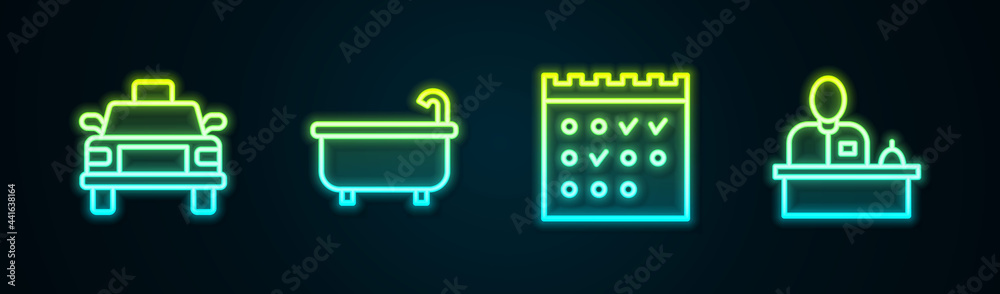 Sticker Set line Taxi car, Bathtub, Hotel booking calendar and reception desk. Glowing neon icon. Vector