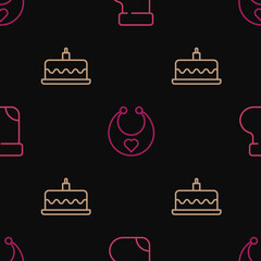 Set line Baby socks clothes, Cake with burning candles and bib on seamless pattern. Vector