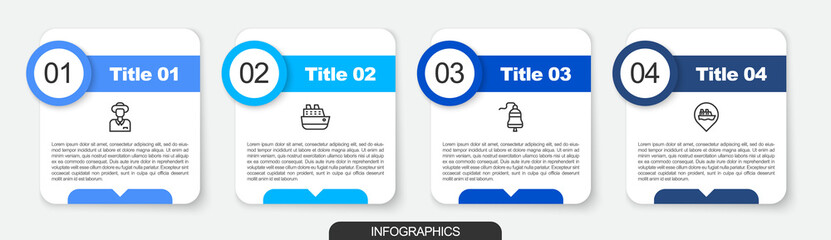 Set line Tourist, Cruise ship, Ship bell and Location with cruise. Business infographic template. Vector