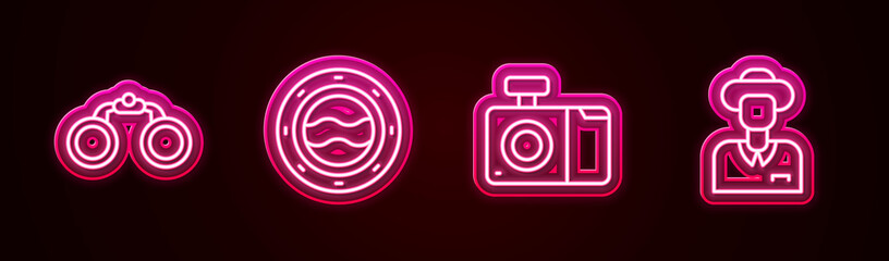 Set line Binoculars, Ship porthole with seascape, Photo camera and Tourist. Glowing neon icon. Vector
