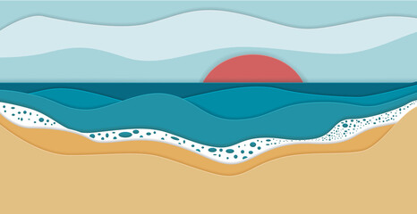 Seashore abstract papercut poster. Beach vector illustration. Summer holiday background.
