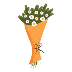Vector illustration of summer bouquet with daisies in cartoon flat style. Bunch of spring summer flowers