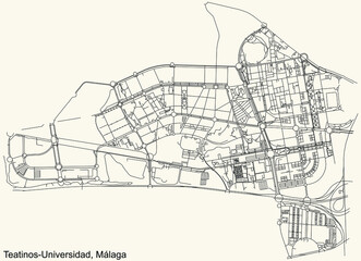 Black simple detailed street roads map on vintage beige background of the quarter Teatinos-Universidad district of Malaga, Spain