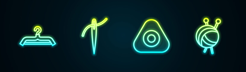 Set line Hanger wardrobe, Needle with thread, Sewing chalk and Yarn ball knitting needles. Glowing neon icon. Vector