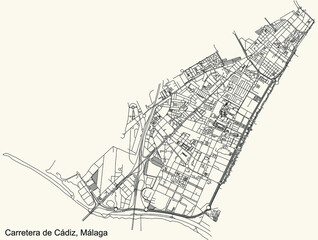 Black simple detailed street roads map on vintage beige background of the quarter Carretera de Cádiz district of Malaga, Spain