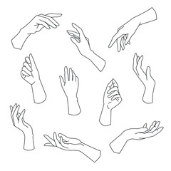 Set of linear hands in various gestures. Modern boho female hands. Vector illustration